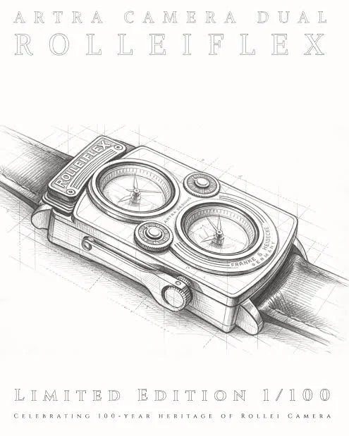 ARTRA CAMERA DUAL ROLLEIFLEX 의 연필 설계 스케치 전체. 위에 제품명, 아래에 LIMITED EDITION 1/100 이 적혀 있다