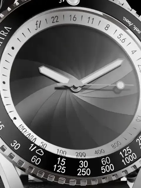 銀色ケースのモデルのダイヤルを大きく写したもの。絞り羽根が重なって放射状の模様をなし、外側に3列の目盛りが回っている