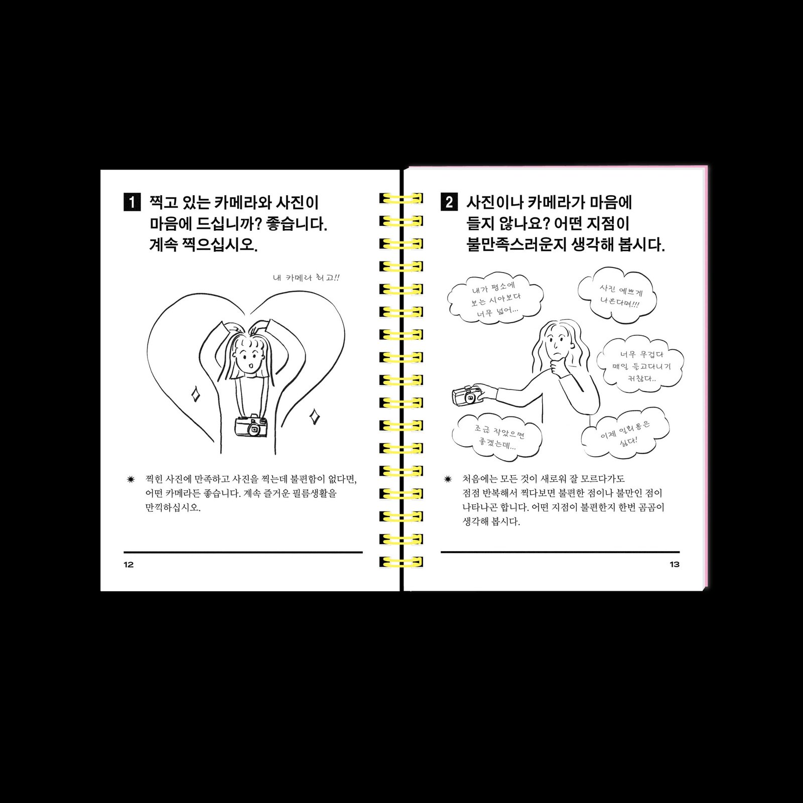카메라를 멘 사람이 머리 위로 하트를 그리는 손그림과, 카메라를 들고 고민하는 사람의 손그림이 실린 펼침면.