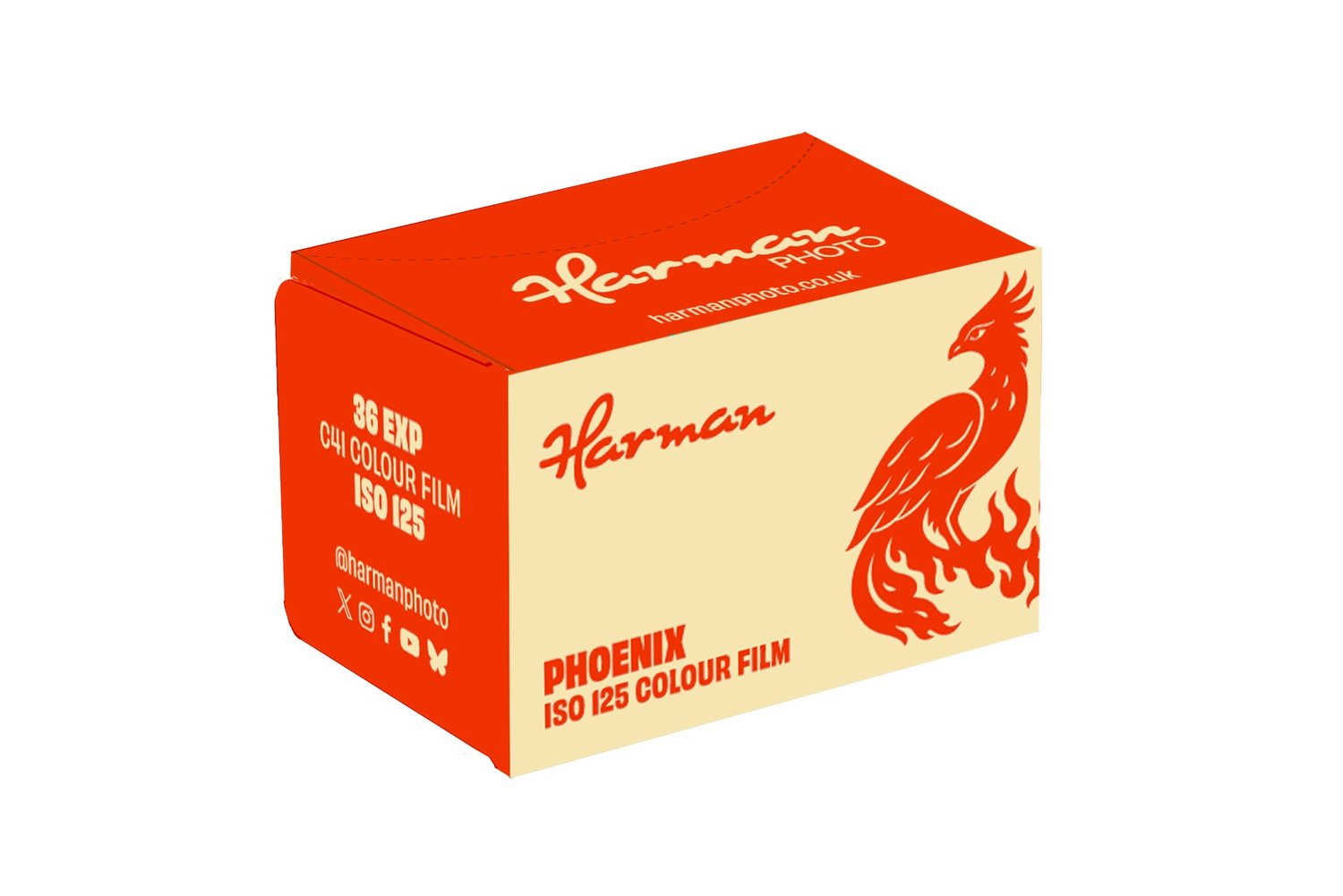 하만 Phoenix 125 35mm 신형 패키지. 검은 상자와 카세트에 주황과 붉은색으로 PHOENIX 125 라고 적혀 있다.