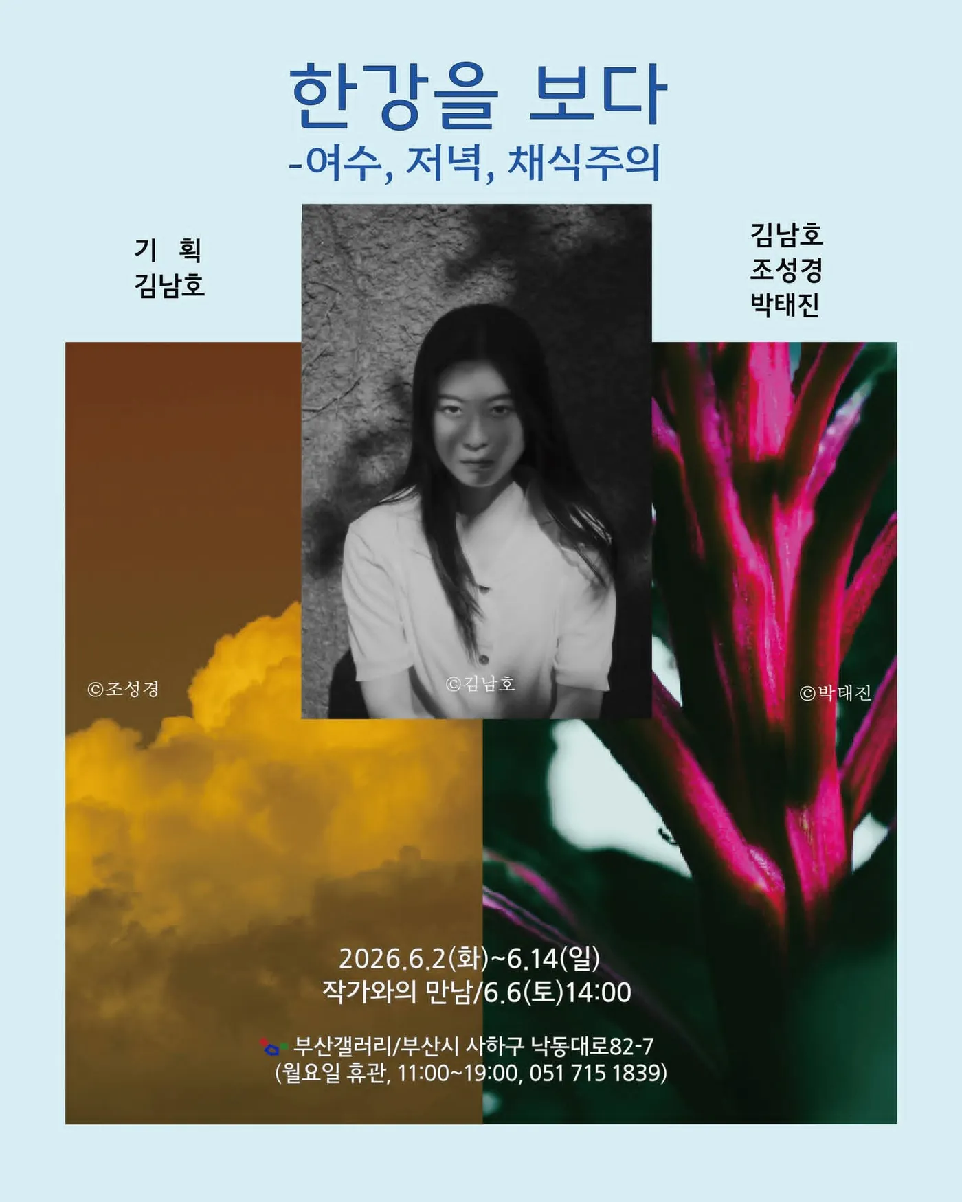〈한강을 보다 — 여수, 저녁, 채식주의〉 포스터. 흑백 인물 사진을 가운데에 두고 좌측엔 붉은 노을, 우측엔 강렬한 자홍색 꽃이 양옆을 받친다.