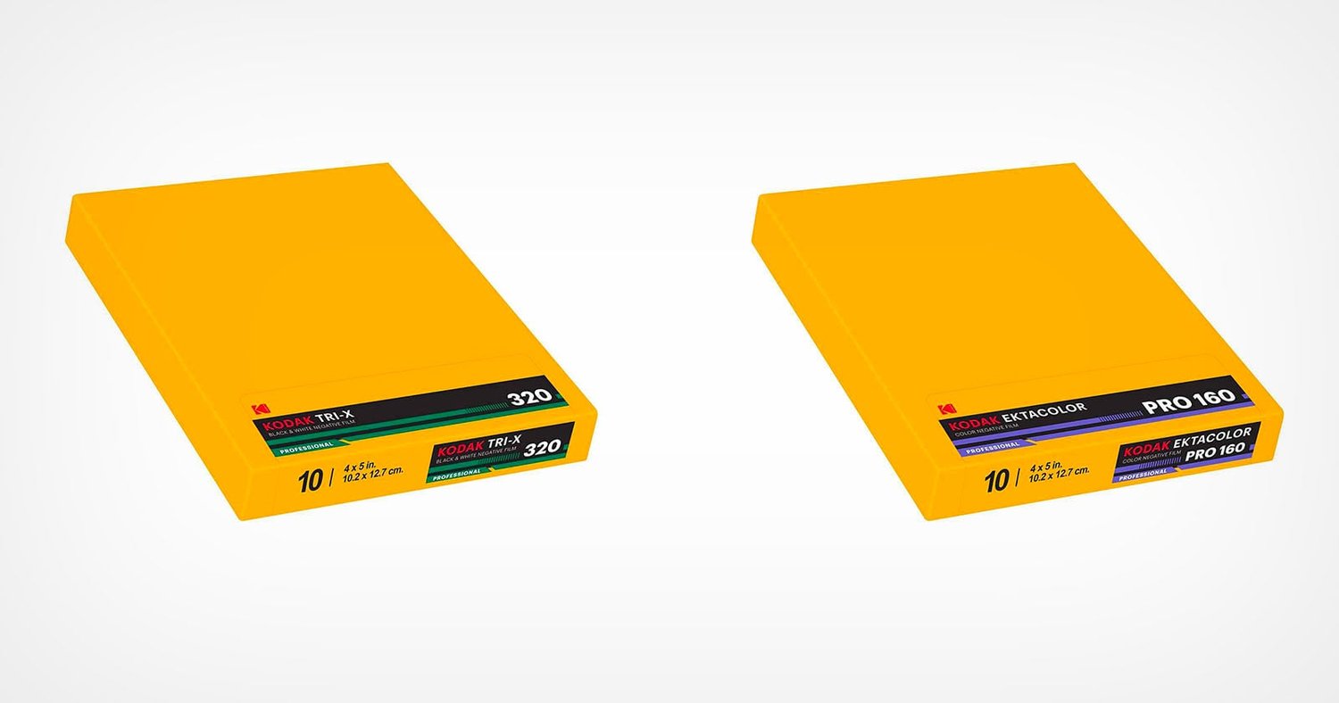 Boxes of Kodak Tri-X 320 and Ektacolor Pro 160 large-format film side by side.