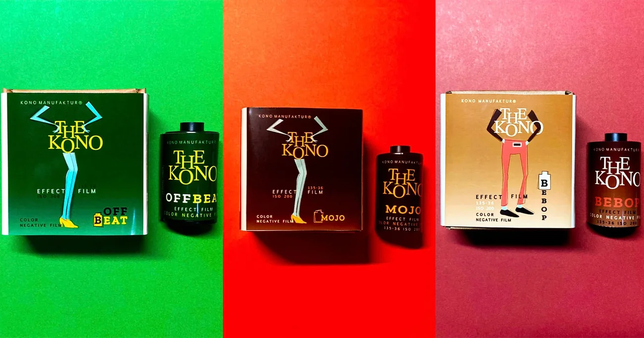 KONO의 세 컬러 이펙트 필름 패키지와 카세트. 초록 배경의 OFFBEAT, 붉은 배경의 MOJO, 황갈색 배경의 BEBOP 상자가 THE KONO EFFECT FILM · COLOR NEGATIVE · 135-36 · ISO 200 표기와 함께 나란히 놓여 있다.