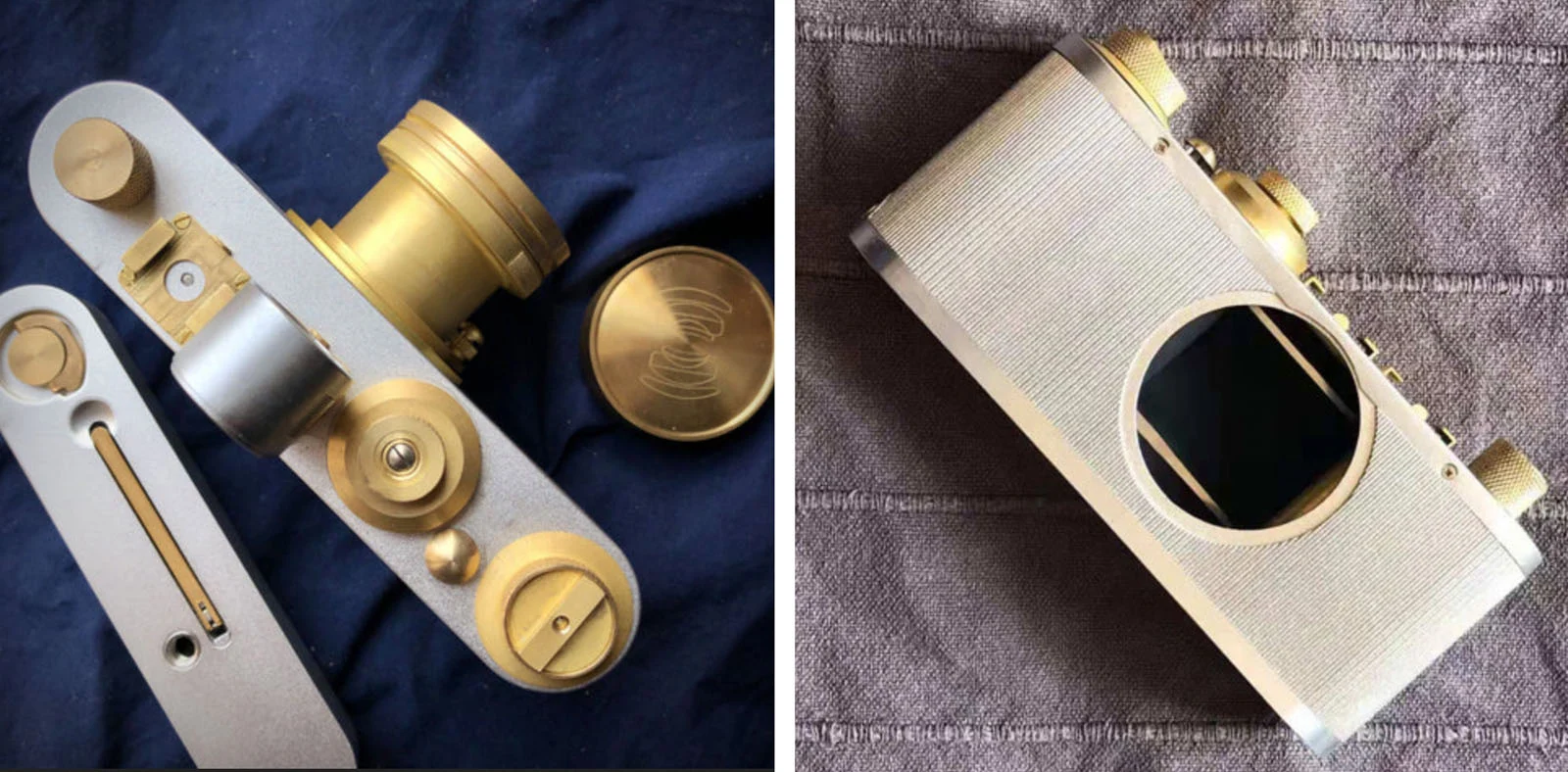 LLL Standard Camera 프로토타입. 황동 마감의 Barnack 스타일 레인지파인더 보디 두 컷.