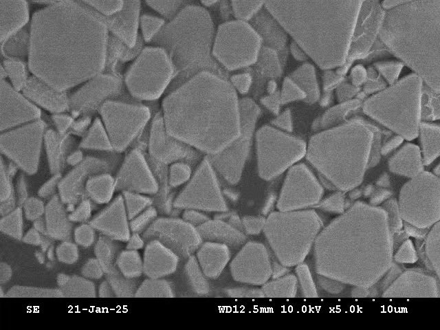 V3 tabular grain emulsion 의 결정 구조를 보여주는 전자현미경(SEM) 사진. 평평한 tabular 결정과 소량의 입방-팔면체 결정이 섞여 있다.