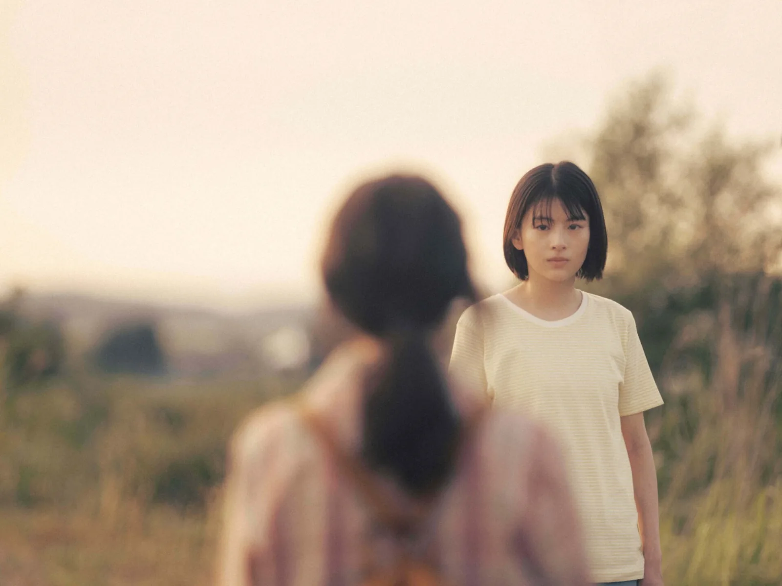 夕暮れの野原。白いTシャツの子どもが、背を向けて立つ人物と向き合っている。
