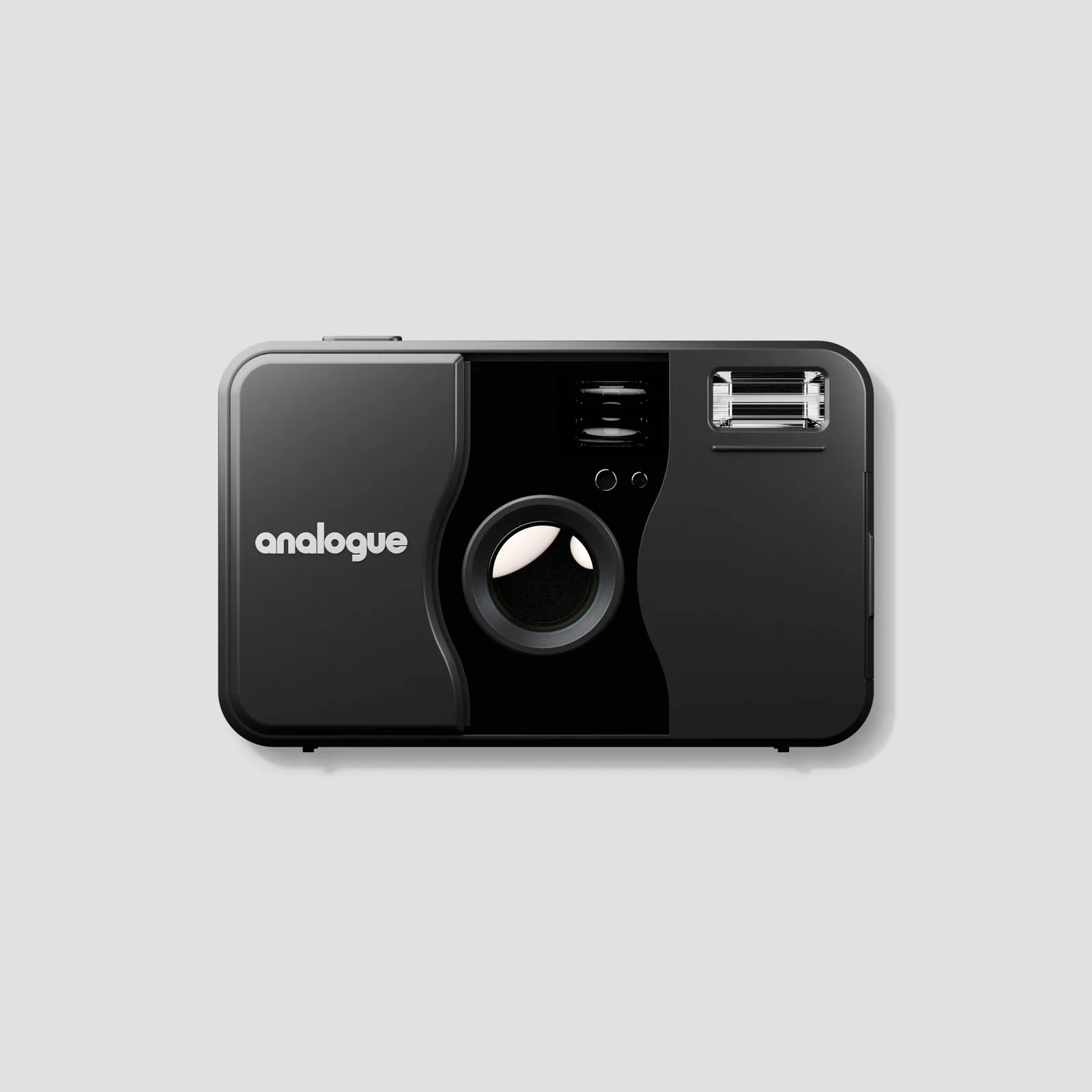 明るいグレーの背景に黒いAnalogue aF-1を正面から描いた公式製品画像。開いたカバーの横にレンズ、上部にファインダーとフラッシュが見える。