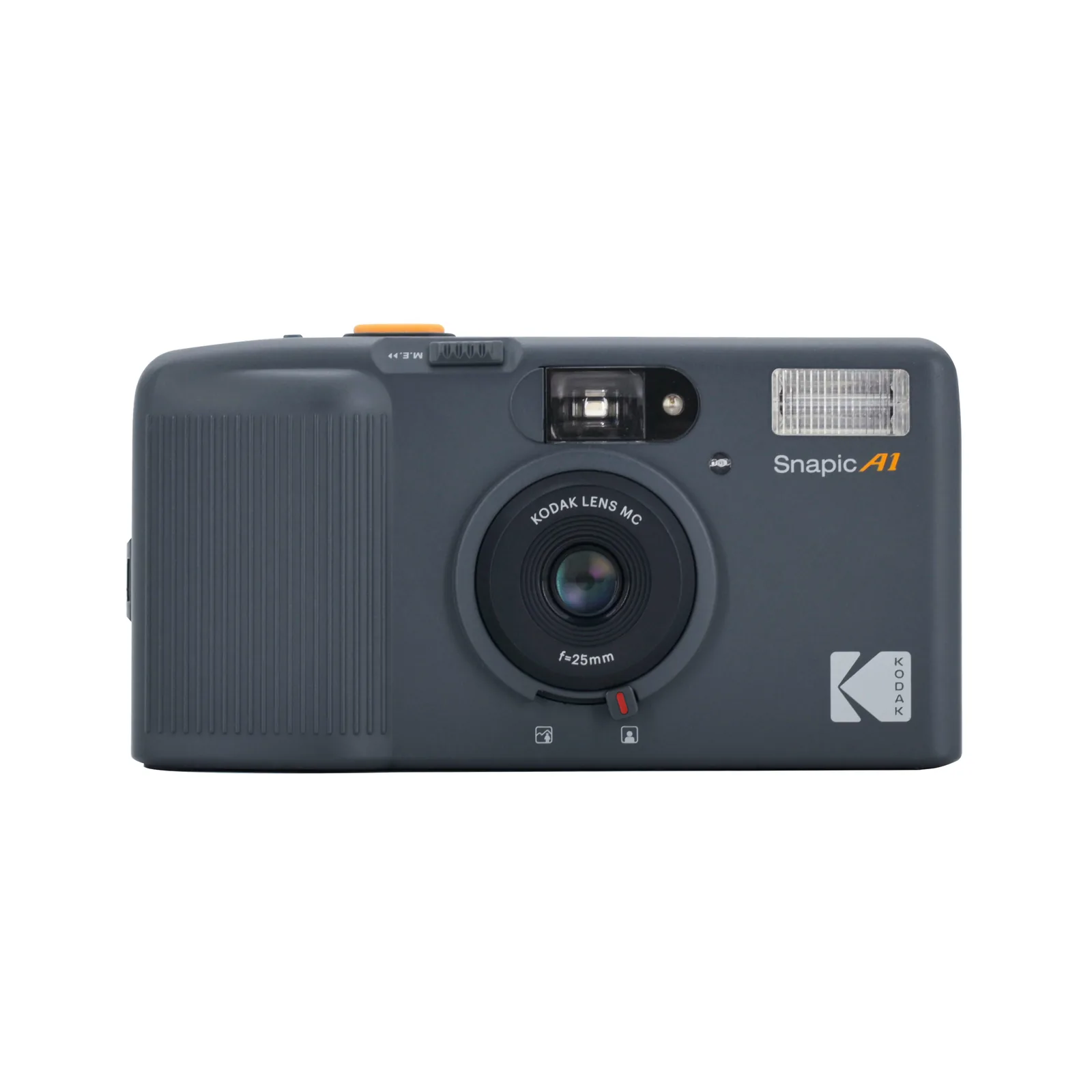 白い背景にグレーのコダック Snapic A1の正面。中央のレンズ、ピント切り替えスイッチ、ファインダー、フラッシュが見える。