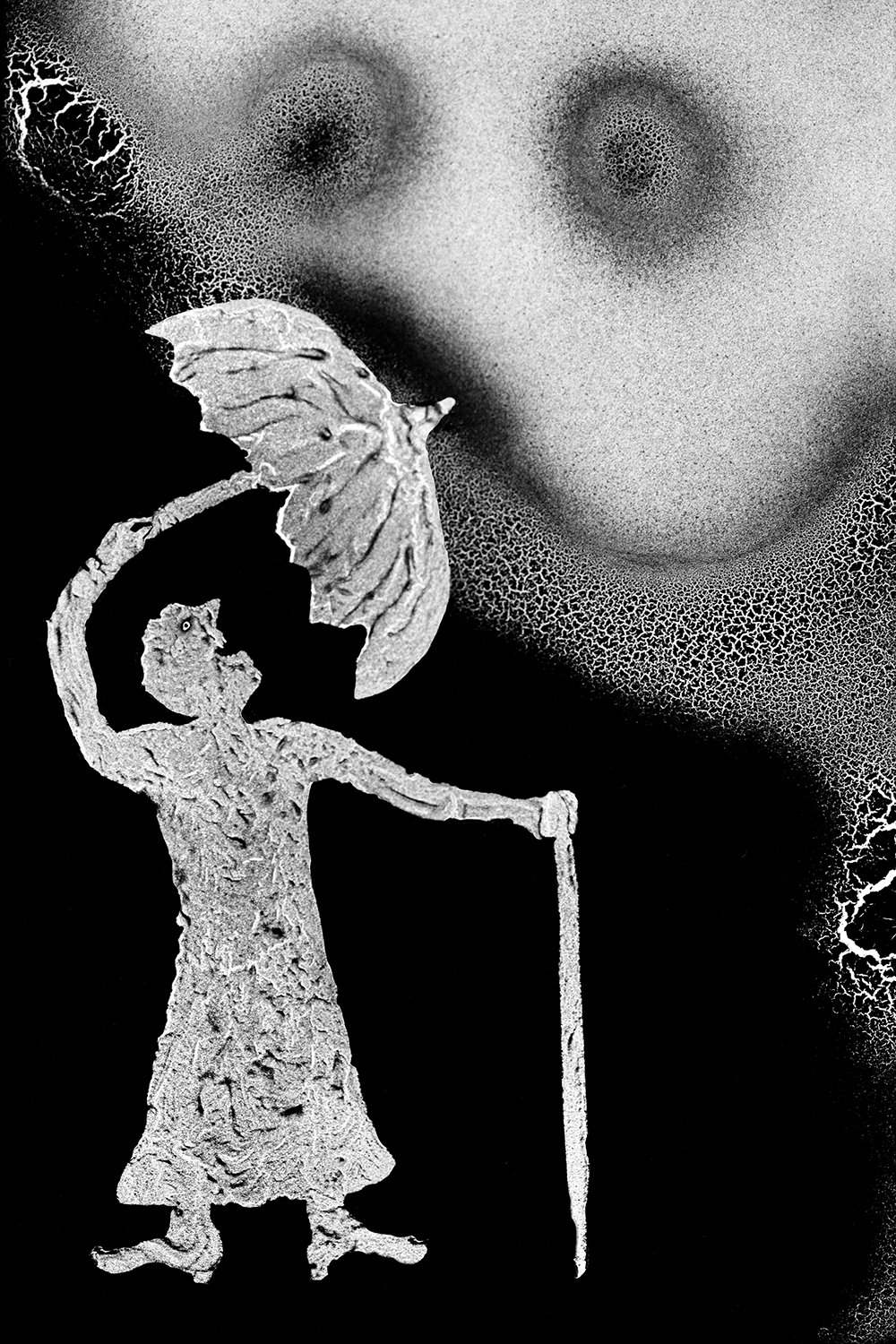 黒地に、傘を頭上に掲げ杖をついて上を見上げる白い人物の形がある。その上にぼやけた顔のような形の二つの目が見え、縁にはひび割れのような白い模様が広がっている。